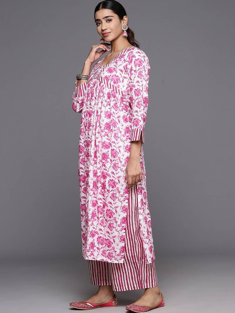Printed Empire Kantha Work Pure Cotton Kurta with Palazzos & Dupatta