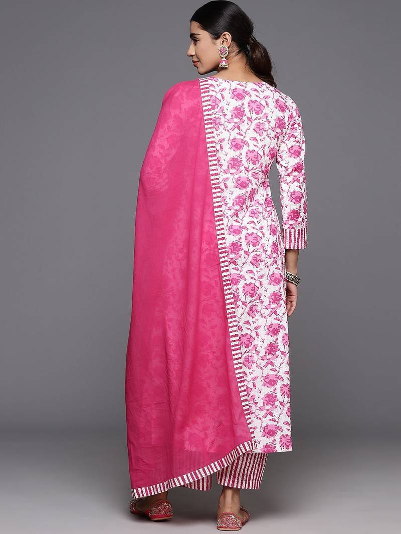 Printed Empire Kantha Work Pure Cotton Kurta with Palazzos & Dupatta