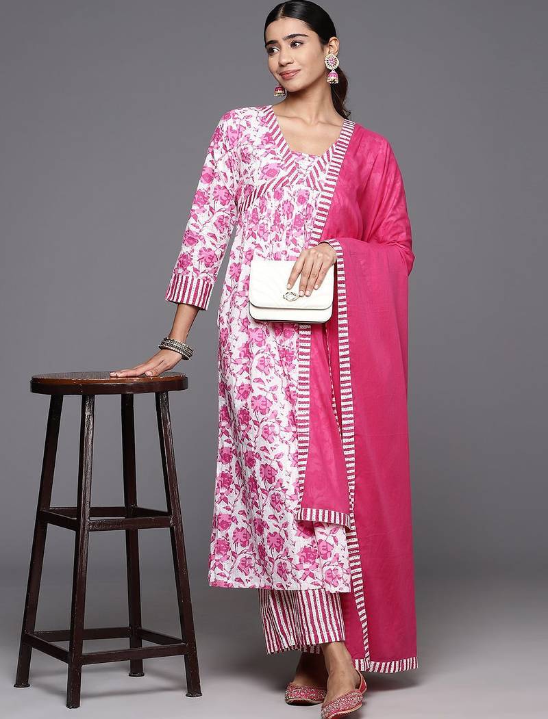 Printed Empire Kantha Work Pure Cotton Kurta with Palazzos & Dupatta
