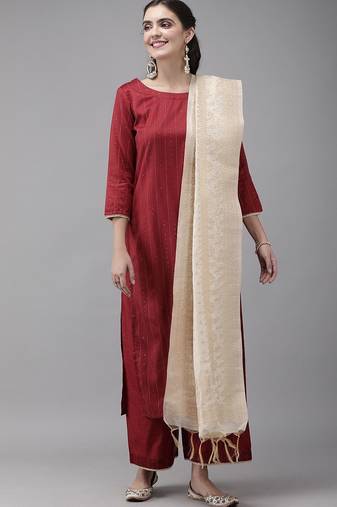 Women Maroon Panelled Liva Kurta with Trousers & With Dupatta
