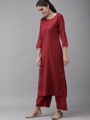 Women Maroon Panelled Liva Kurta with Trousers & With Dupatta 5