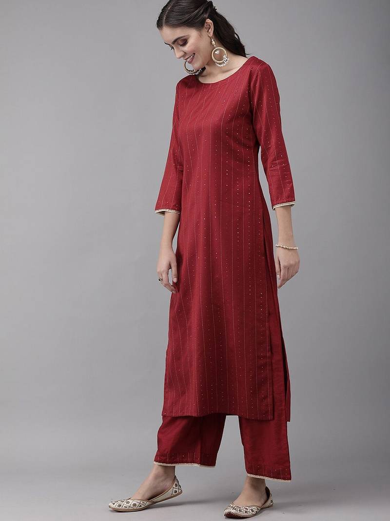 Women Maroon Panelled Liva Kurta with Trousers & With Dupatta