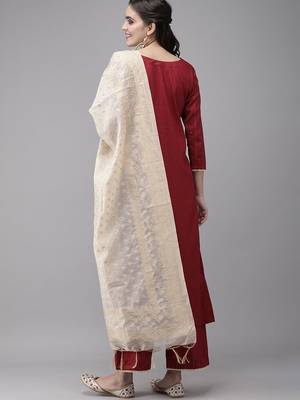 Women Maroon Panelled Liva Kurta with Trousers & With Dupatta 6