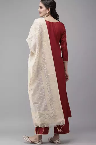 Women Maroon Panelled Liva Kurta with Trousers & With Dupatta