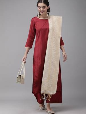 Women Maroon Panelled Liva Kurta with Trousers & With Dupatta 7