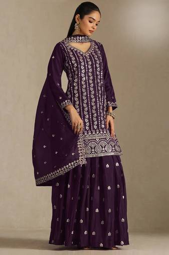 Purple embroidered chinon semi-stitched sharara salwar suit