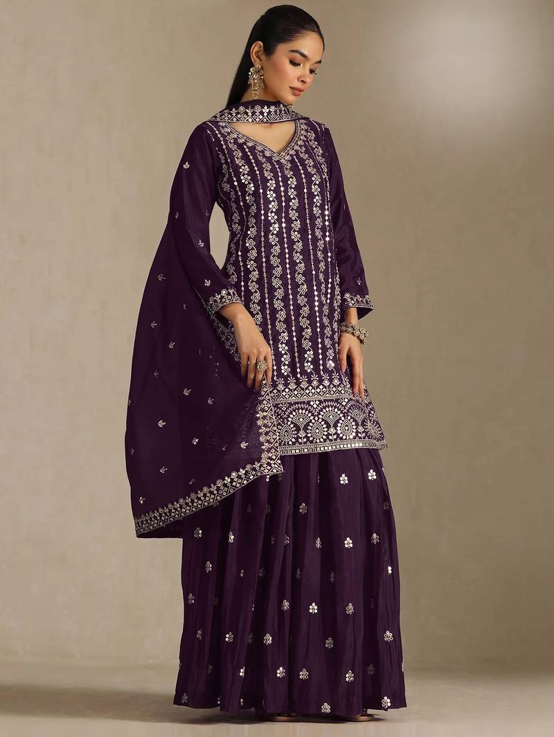 Purple embroidered chinon semi-stitched sharara salwar suit