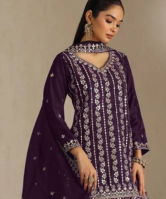 Purple embroidered chinon semi-stitched sharara salwar suit 2