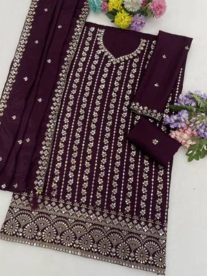 Purple embroidered chinon semi-stitched sharara salwar suit 3