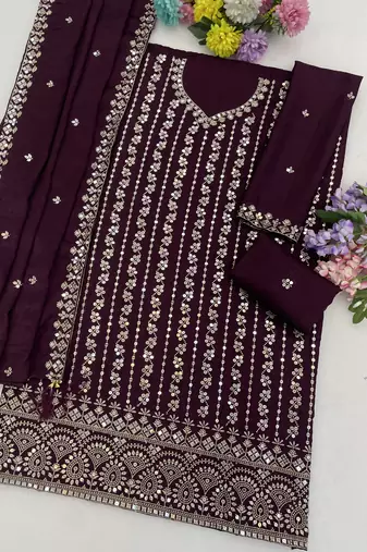 Purple embroidered chinon semi-stitched sharara salwar suit