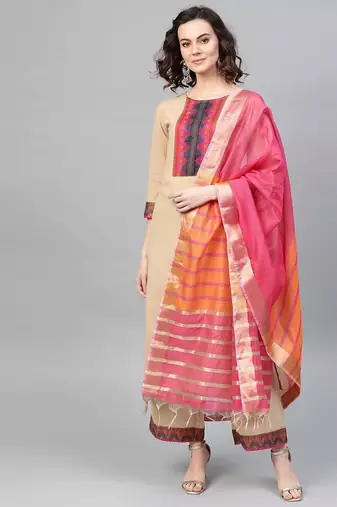 Women Beige & Pink Yoke Design Kurta with Palazzos & Dupatta