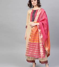 Women Beige & Pink Yoke Design Kurta with Palazzos & Dupatta