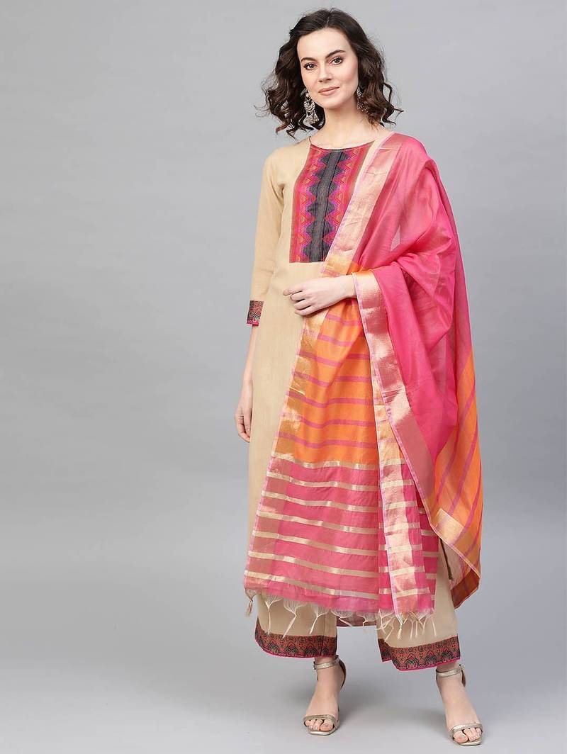 Women Beige & Pink Yoke Design Kurta with Palazzos & Dupatta