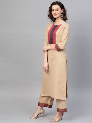 Women Beige & Pink Yoke Design Kurta with Palazzos & Dupatta 6