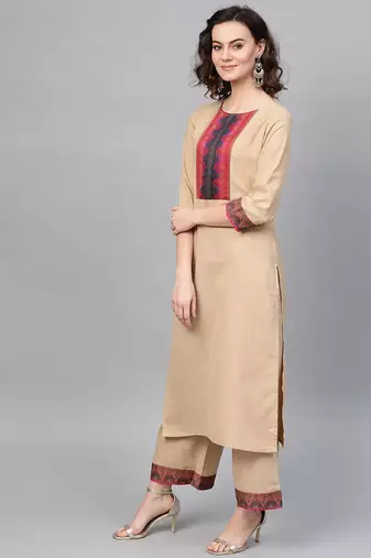 Women Beige & Pink Yoke Design Kurta with Palazzos & Dupatta