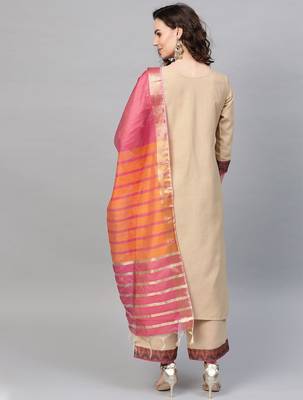 Women Beige & Pink Yoke Design Kurta with Palazzos & Dupatta 7