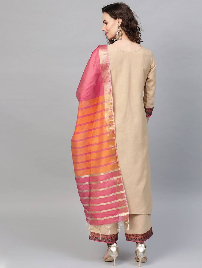 Women Beige & Pink Yoke Design Kurta with Palazzos & Dupatta
