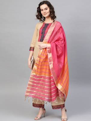 Women Beige & Pink Yoke Design Kurta with Palazzos & Dupatta 1