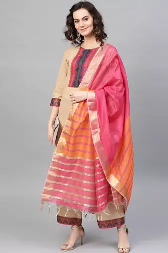 Women Beige & Pink Yoke Design Kurta with Palazzos & Dupatta