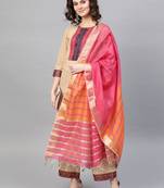 Women Beige & Pink Yoke Design Kurta with Palazzos & Dupatta