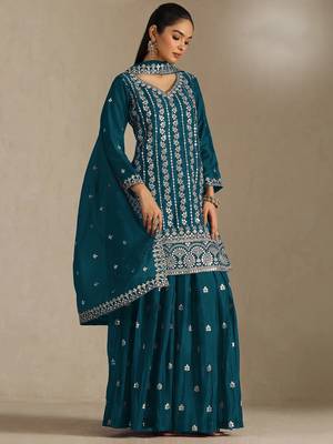 Sea blue embroidered chinon semi-stitched sharara salwar suit 1