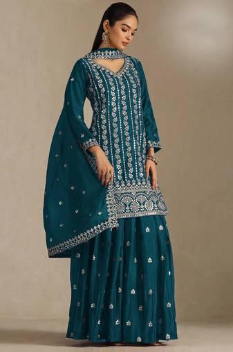 Sea blue embroidered chinon semi-stitched sharara salwar suit