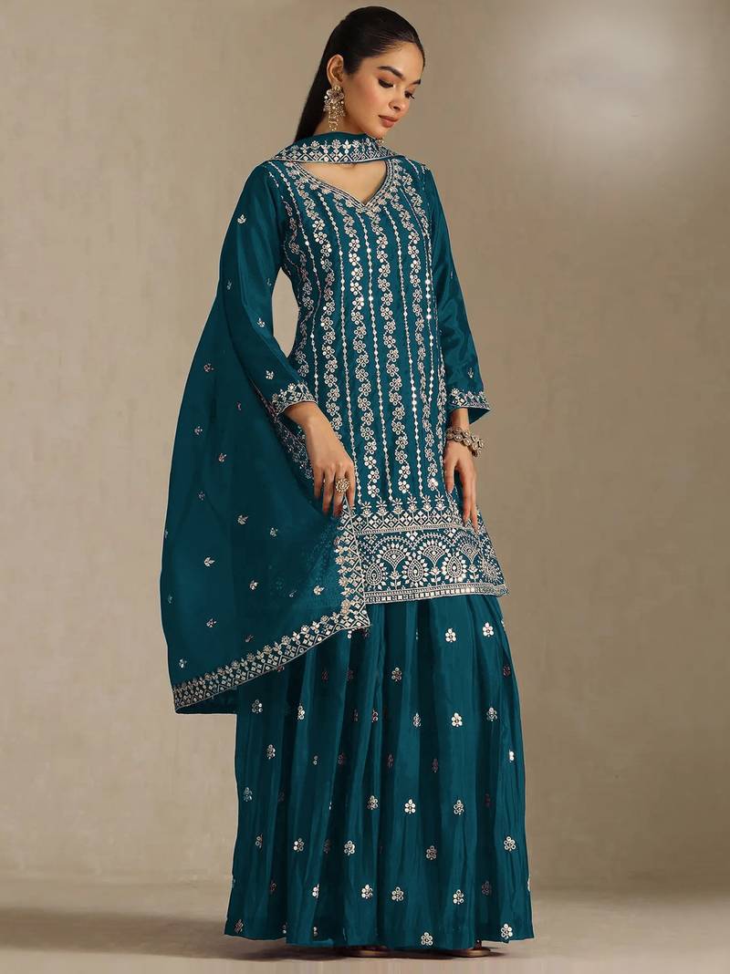 Sea blue embroidered chinon semi-stitched sharara salwar suit