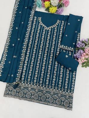 Sea blue embroidered chinon semi-stitched sharara salwar suit 3