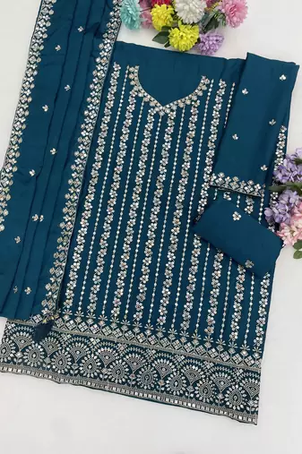 Sea blue embroidered chinon semi-stitched sharara salwar suit