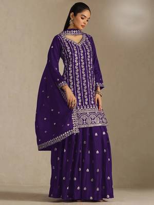 Wine embroidered chinon semi-stitched sharara salwar suit 1