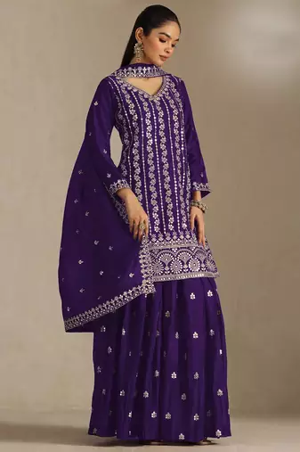 Wine embroidered chinon semi-stitched sharara salwar suit