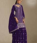 Wine embroidered chinon semi-stitched sharara salwar suit