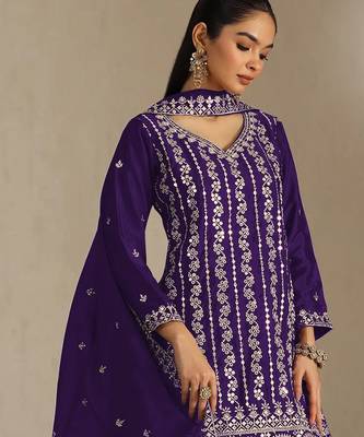 Wine embroidered chinon semi-stitched sharara salwar suit 2