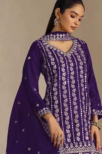 Wine embroidered chinon semi-stitched sharara salwar suit
