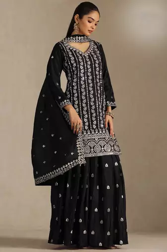 Black embroidered chinon semi-stitched sharara salwar suit