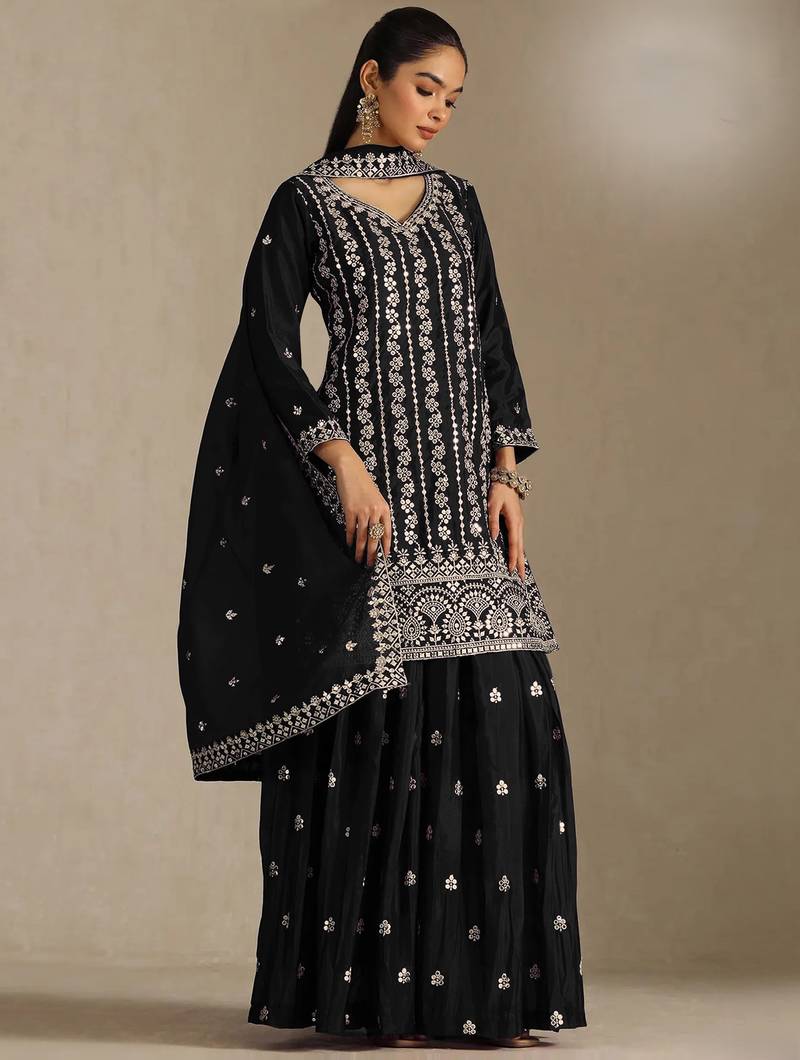 Black embroidered chinon semi-stitched sharara salwar suit