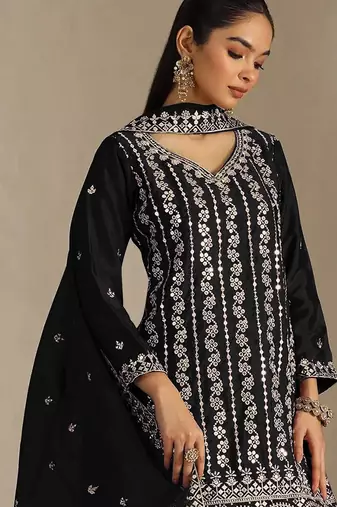 Black embroidered chinon semi-stitched sharara salwar suit