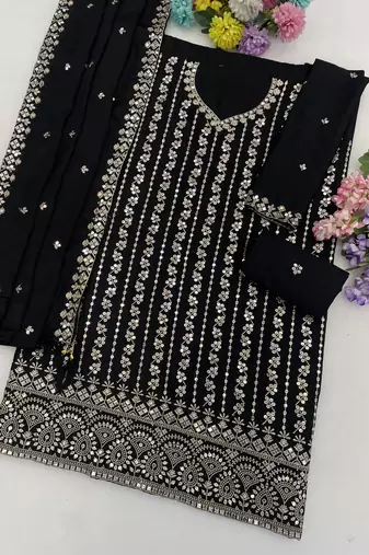 Black embroidered chinon semi-stitched sharara salwar suit
