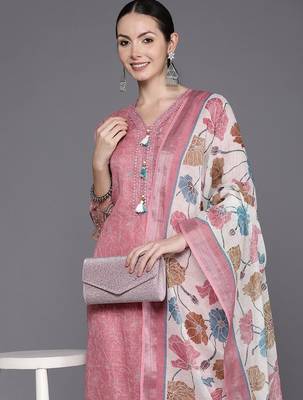 Women Floral Embroidered Regular Thread Work Linen Kurta with Trousers & Dupatta 2