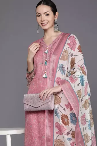 Women Floral Embroidered Regular Thread Work Linen Kurta with Trousers & Dupatta