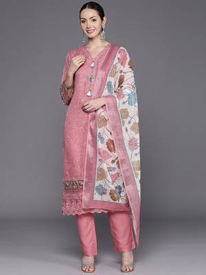Women Floral Embroidered Regular Thread Work Linen Kurta with Trousers & Dupatta 6