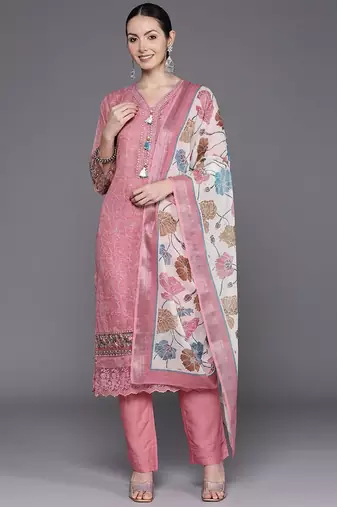Women Floral Embroidered Regular Thread Work Linen Kurta with Trousers & Dupatta