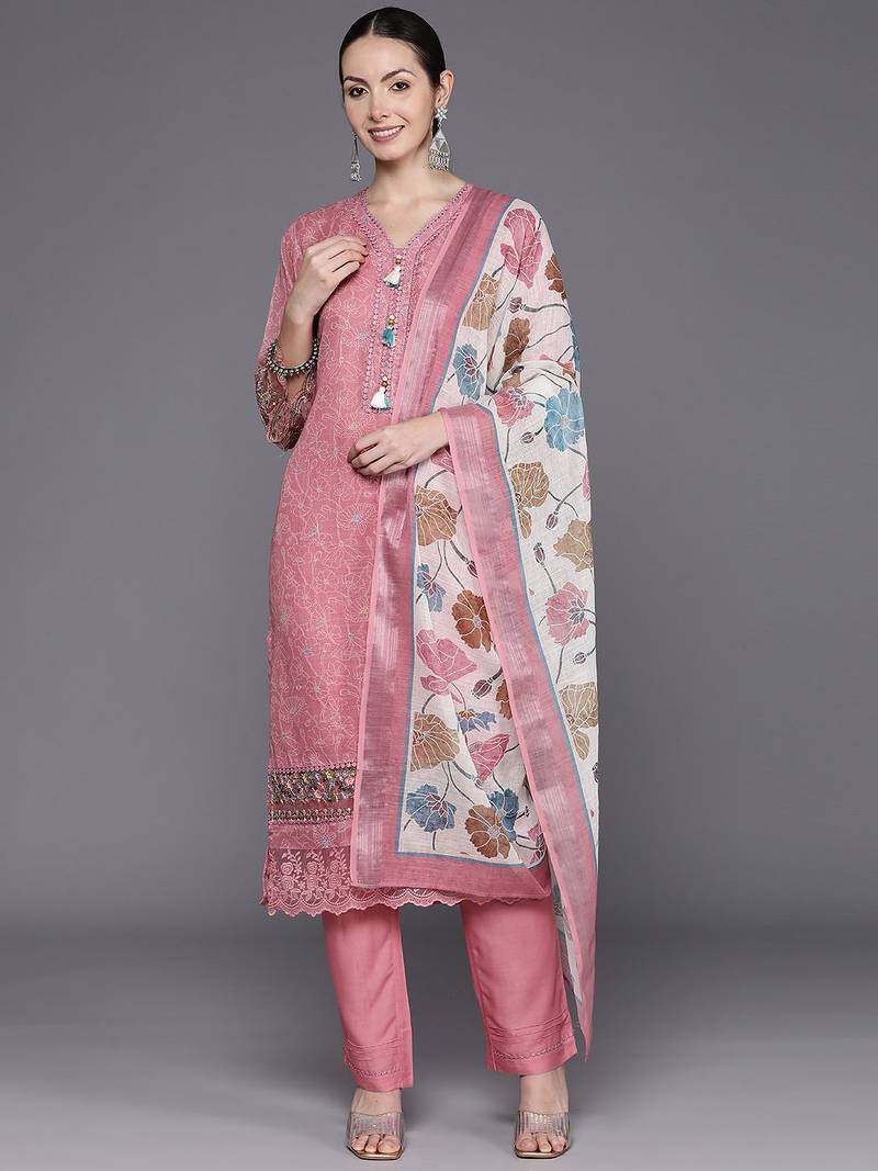 Women Floral Embroidered Regular Thread Work Linen Kurta with Trousers & Dupatta