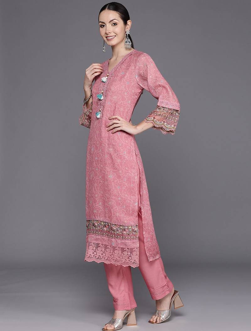 Women Floral Embroidered Regular Thread Work Linen Kurta with Trousers & Dupatta