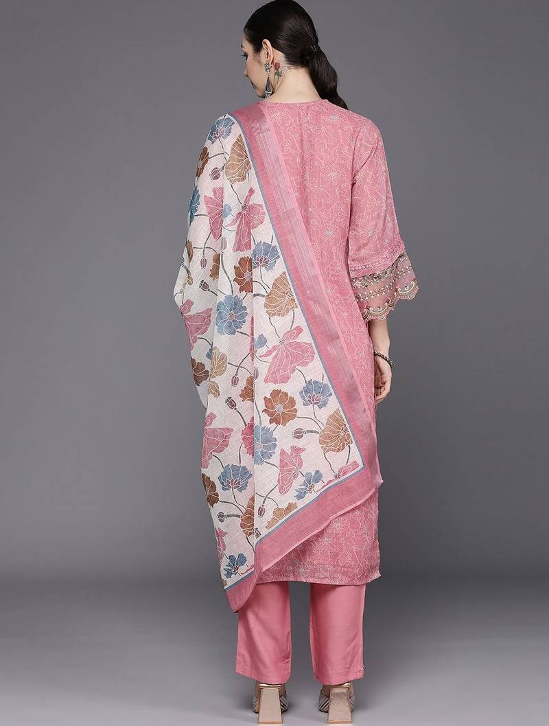 Women Floral Embroidered Regular Thread Work Linen Kurta with Trousers & Dupatta