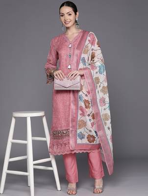 Women Floral Embroidered Regular Thread Work Linen Kurta with Trousers & Dupatta 1
