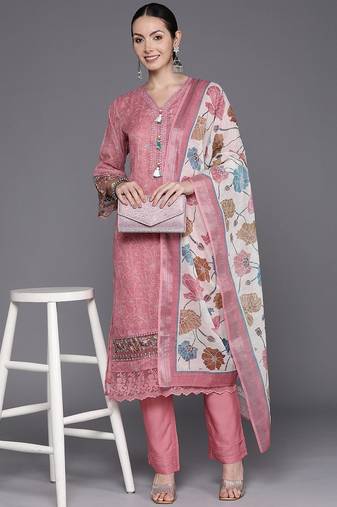 Women Floral Embroidered Regular Thread Work Linen Kurta with Trousers & Dupatta