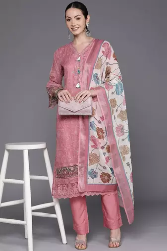 Women Floral Embroidered Regular Thread Work Linen Kurta with Trousers & Dupatta