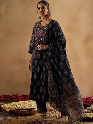 Women Ethnic Motifs Embroidered Panelled Mirror Work Pure Cotton Kurta 5