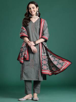 Embroidered Thread Work Pure Cotton Kurta with Trousers & With Dupatta 1